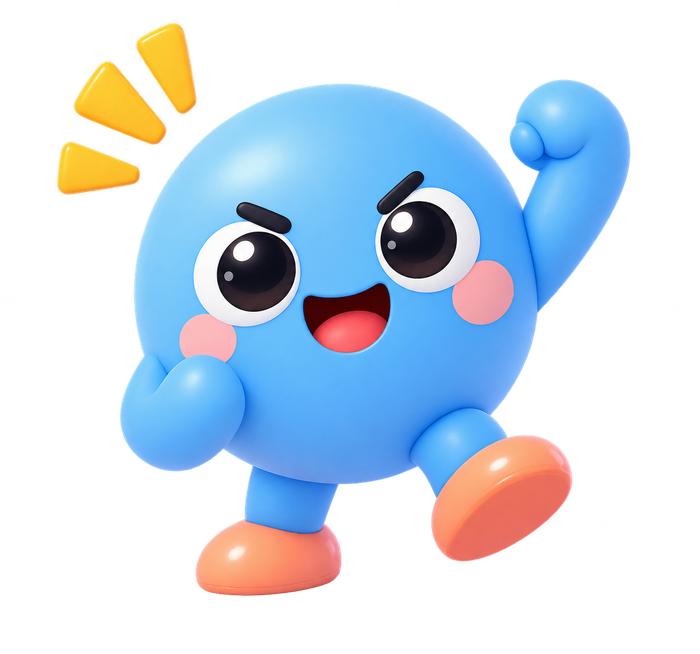 Mino, la mascotte de l'application, tout content, le bras levé